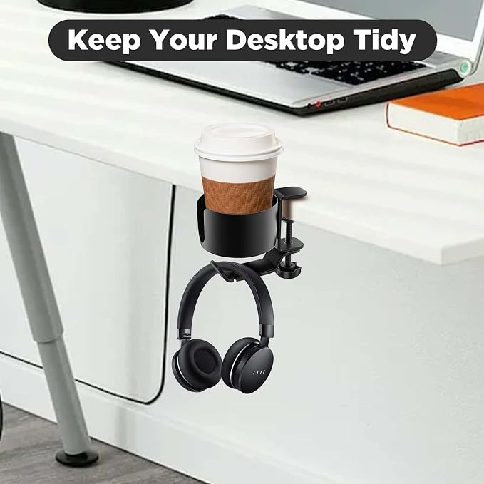 OOKUU 2 in 1 Desk Cup Holder with Headphone Hanger, Anti-Spill Cup Holder for Desk or Table, Easy to Install, Sturdy and Durable, Enough to Hold Coffee Mups, Water Bottles, Headphones - Image 7