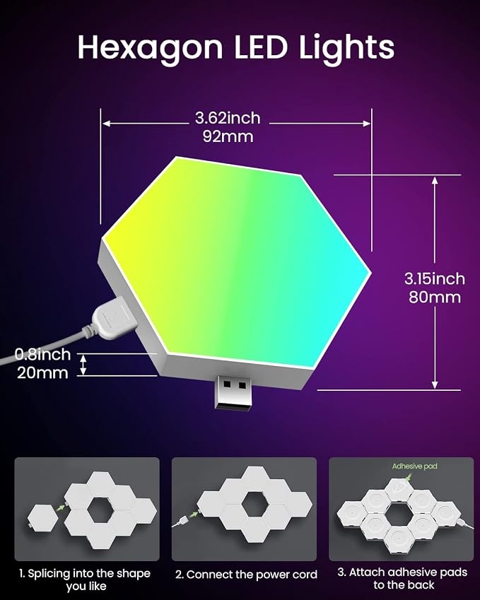 NIUCOO 8 Pack Hexagon LED Lights Wall Panels, Smart RGB Gaming Lights with APP & Music Sync, DIY Modular Hex Tiles, USB-Powered for Autism/Game Room/Party Decor - Image 5