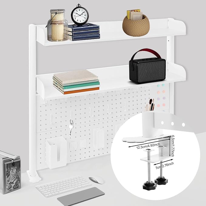 Clamp on Desk Pegboard, 39.4" W x 37.4" H Desk Extender Pegboard Bookshelf Computer Desk Accessories with Shelf for Tool Organizer Office, Privacy Panel for Gaming Desk, White - Image 7