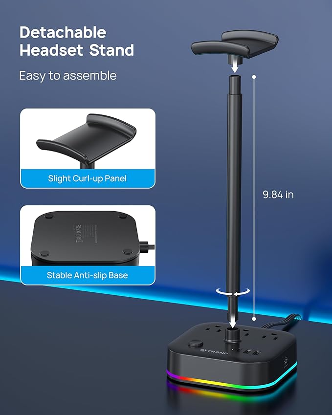 TROND Headphone Stand with USB C, Desk Gaming Headset Holder with 3 AC Outlets, 2 USB-A and 1 USB-C, Headset Stand with 5 RGB Light Modes, for Gaming Desk Accessories Gamer Boyfriend Gifts | 2 USB A and 1 USB C, Headset Stand with 5 RGB Light Modes, fo... - Image 5