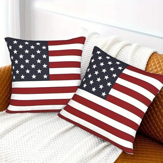 2pcs, 4th of July Linen Pillow Covers, American Flag Patriotic Decorations Throw Pillow Covers Farmhouse Independence Day Cushion Case for Couch Sofa Summer Home 20x20 Pillows Linen Pillowcase - Image 2