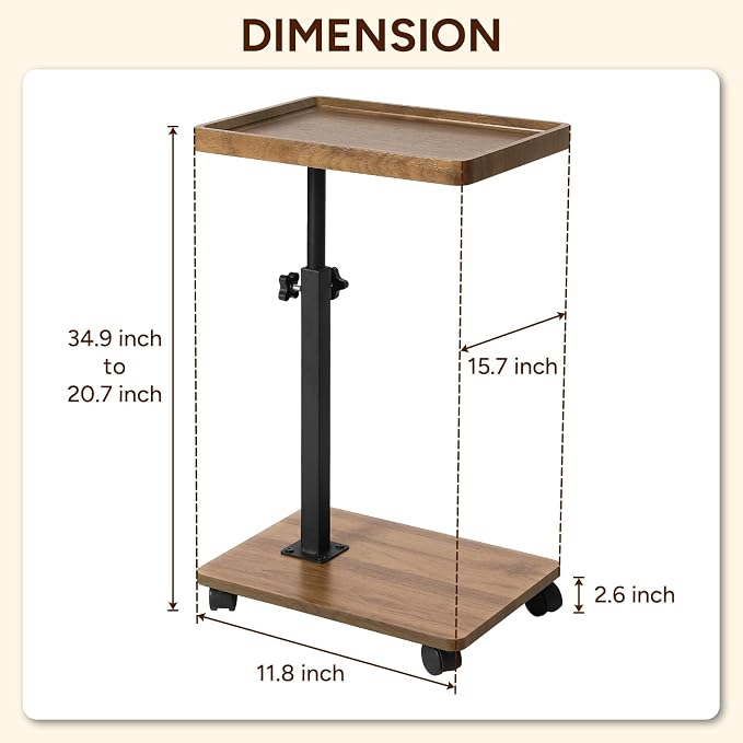 Adjustable C Table End Table, Side Table C Table with Wheels,360° Rotatable (20.7-34.9inches) Height Adjustable for Sofa/Bed/Bathtub, Walnut Wood & Black (15.7x11.8) - Image 2