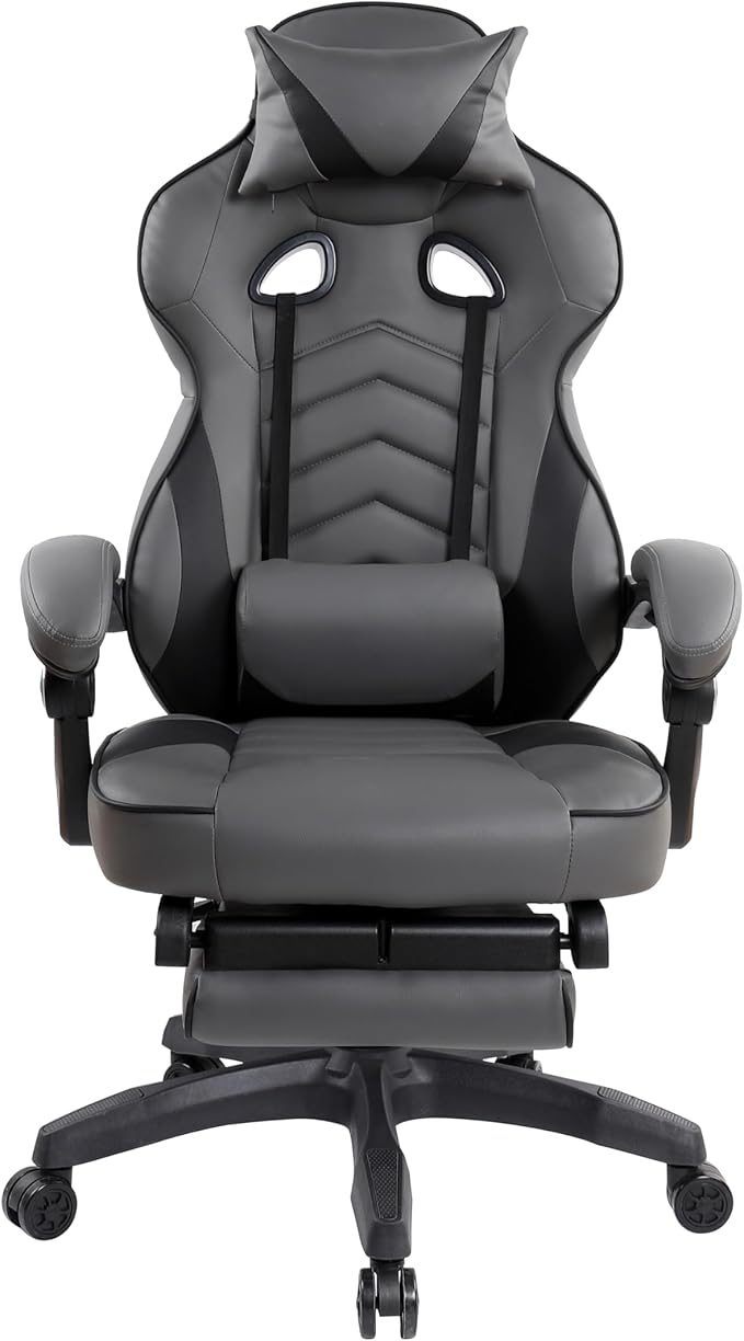 Techni Mobili Executive Gaming Chair with Footrest, 150° Reclining, Grey | PU leather chair, 150 degree recline, footrest, lumbar support, headrest pillow, executive office gaming chair, ergonomic - Image 10