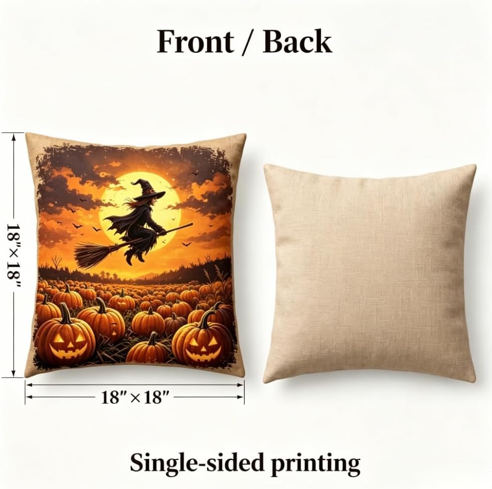 Halloween Throw Pillow Covers, Linen, 18x18 Inch, Set of 2, Witch and Skeleton Pumpkin Design, Machine Washable - Image 2