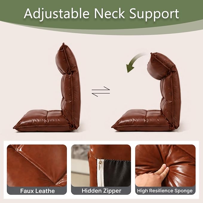 Floor Chair with Back Support, 42-Position Adjustable Gaming Chair for Adults, Faux Leather Floor Lounger, Reading Chairs with Neck Support, Foldable Floor Seat for Sleeping, Gaming (Brown) - Image 5