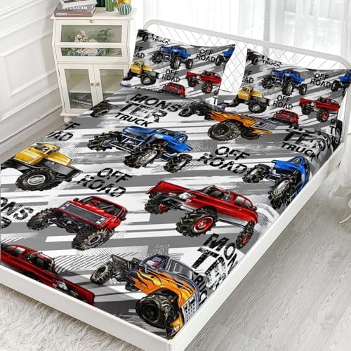 AILONEN Kids Boys Monster Truck Bedding Twin Size,Cartoon Truck Fitted Sheet Set Decor,Car Colorful Soft Vehicle Truck Kids Fitted Sheet with 2 Pillowcases,3 Pieces - Image 2