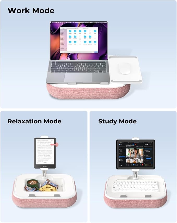 Viozon Kindle Pillow Stand Holder, Phone Holder for Bed, Laptop Lap Desk with Mouse Pad,Compatible with 4.7-13" Kindle/Tablet/Phone,10-15" Laptop, Snack Bowl&Cup Attachment&Detachable 360° Stand Arm,P - Image 2