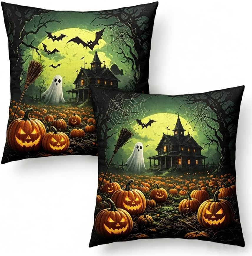Halloween Throw Pillow Covers, Spooky Ghost Pumpkin Design, Linen, 18x18 Inch, Set of 2, Machine Washable by Unknown