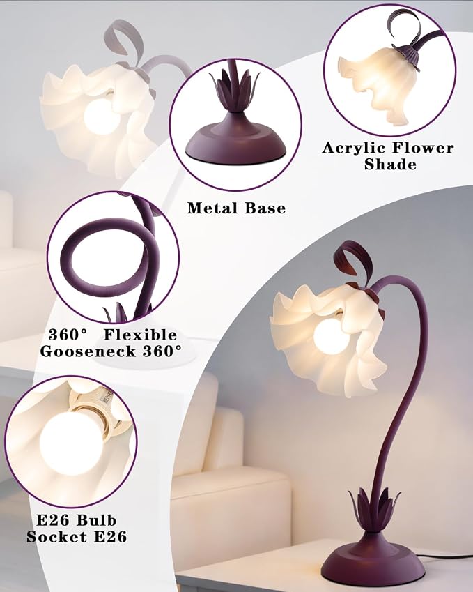 WERFOP Flower Table Lamp, LED Reading Light Vintage Bedside Table Lamp with 3 Color Modes for Nightstand, Kawaii Decoration for Home Bedroom Living Room (Purple) - Image 3