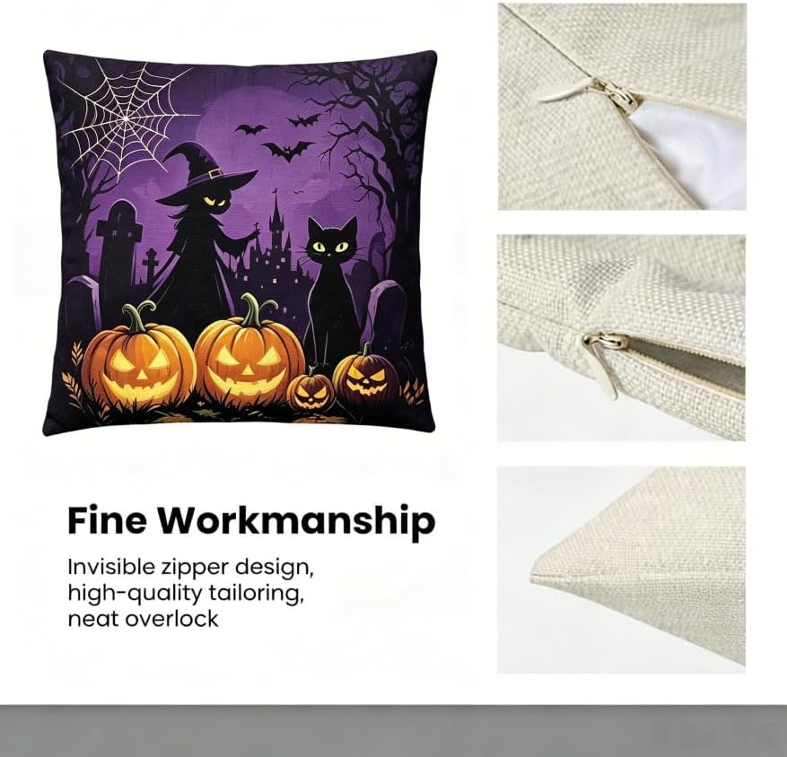 Halloween Throw Pillow Covers, Witch Pumpkin Bat Spider Web, Linen, 18x18 Inch, Set of 2, Machine Washable - Image 3