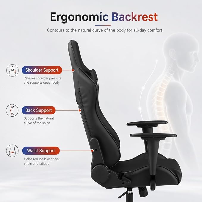 Gaming Chair Office Chair Desk Chair with Lumbar Support Headrest Armrest Task Rolling Swivel Ergonomic E-Sports Adjustable PC Gamer Chair Black - Image 6