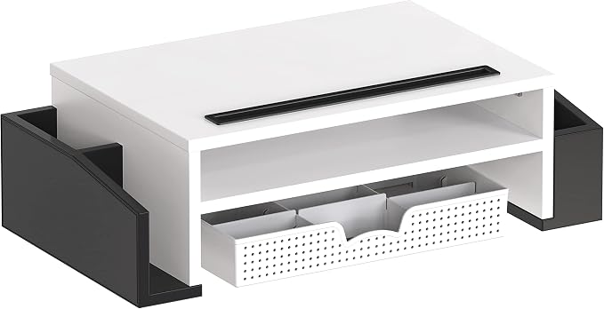 Simple Houseware Desk Monitor Stand Riser w/ Adjustable Tray, Black/White | Built-In Tablet Slot and Side Storage - Image 6