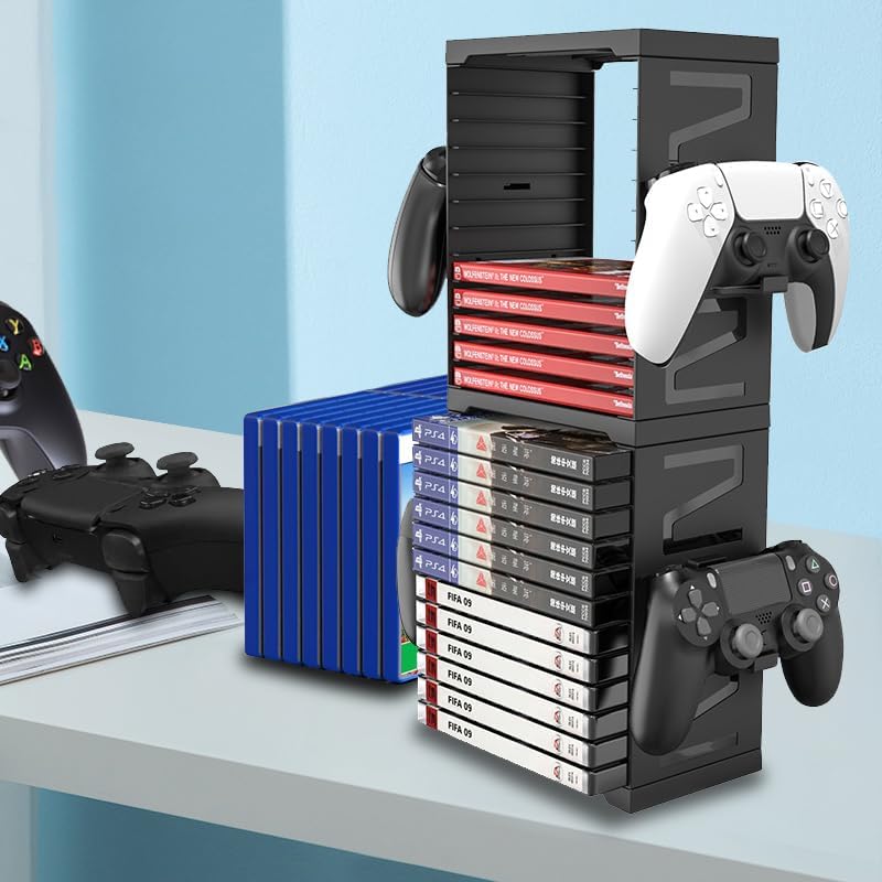HONCAM Video Game Storage Tower for PS5 PS4 Xbox Nintendo Switch Games, Universal Discs Organizers 24 PCS with 4 Controllers Holder, Disk Box Stand Rack Accessories - Image 2
