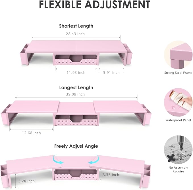 OPNICE Desk Organizers and Accessories, Dual Monitor Stand Riser with Drawer and 2 Pen Holders, Desk Shelf Computer Racks for Office Workspace Organizers, Desktop Organization (Pink) - Image 3