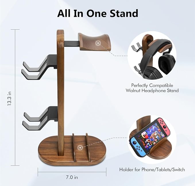 Controller Holder with Headphone Stand - Wood Gaming Controller Stand for Xbox PS5 PS4 Switch Pro, PC Gaming Accessories - Present Idea for Husband, Boyfriend, Gamers, Game Lover, Game Room Decor - Image 2