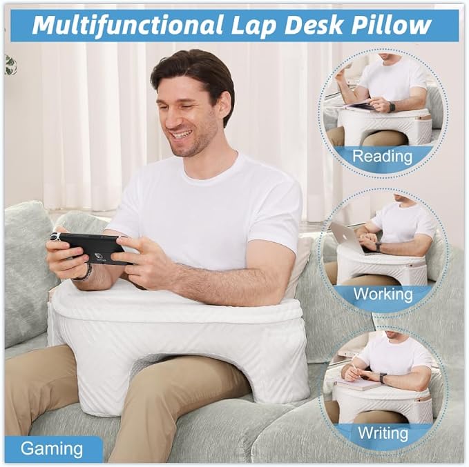Reading and Gaming Pillow, Pillow Table with Premium Memory Foam Adjustable Comfort, Multi-Functional Lap Desk for Reading, Working, Playing, 23.6x10.2inch, White - Image 4
