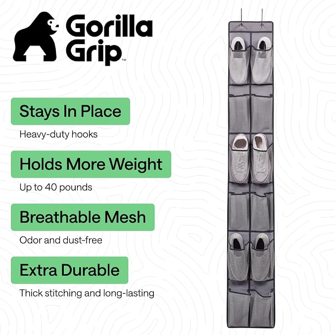 GORILLA GRIP Over the Door Shoe Organizer, 12 Large Pockets, Gray - Image 2