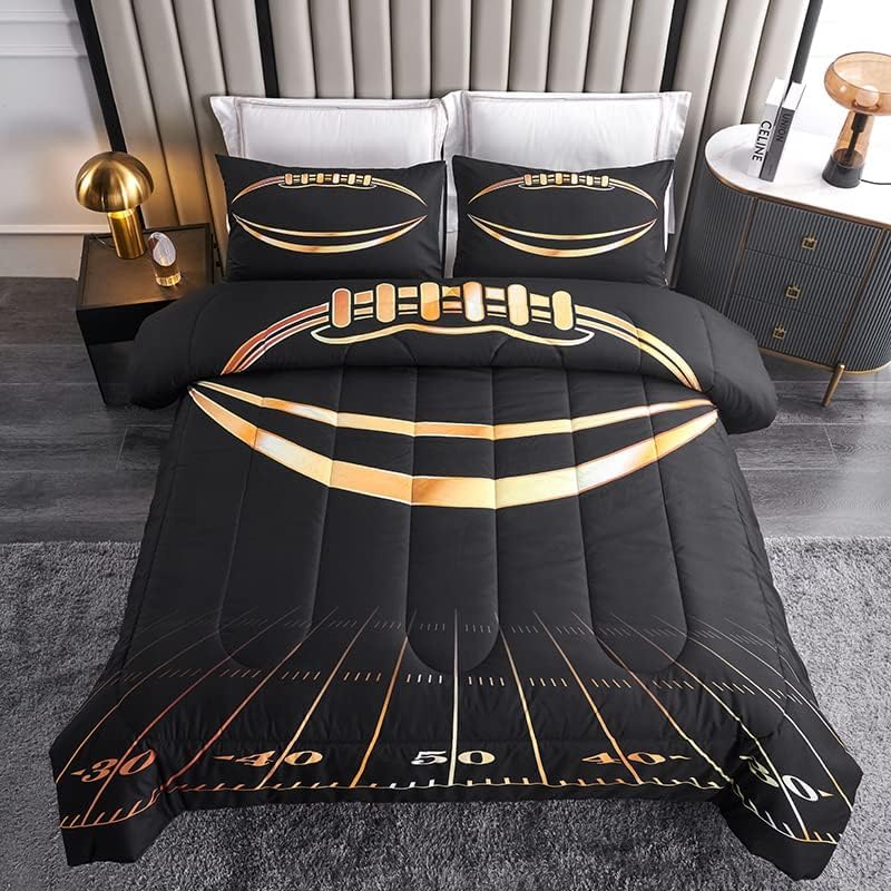 Boys Comforter Set, Twin Size, Football Themed, 3 PCS Including 1 Comforter & 2 Pillowcases, All Season Use, Black and Gold by Helloosuucomforterset