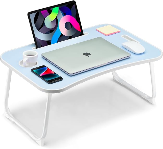 Foldable Lap Desk, Laptop Bed Desk, Portable Lap Table, Laptop Bed Table with Cup Holder & Tablet Slot & Lifting Handle for Working Writing Drawing & Eating - Blue by VIFOCAE