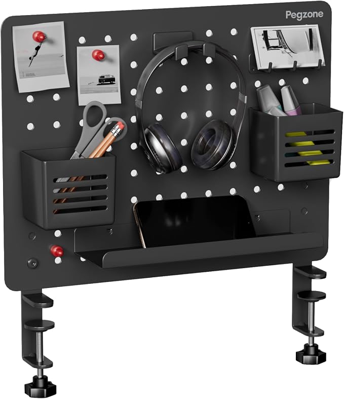 PEGZONE Clamp on Desk Pegboard, 16.5" x 12.6", with 10 Accessories, Black | Magnetic Metal Peg Board, Desk Organizer for Office Gaming Home, Privacy Panel, Medium by Pegzone