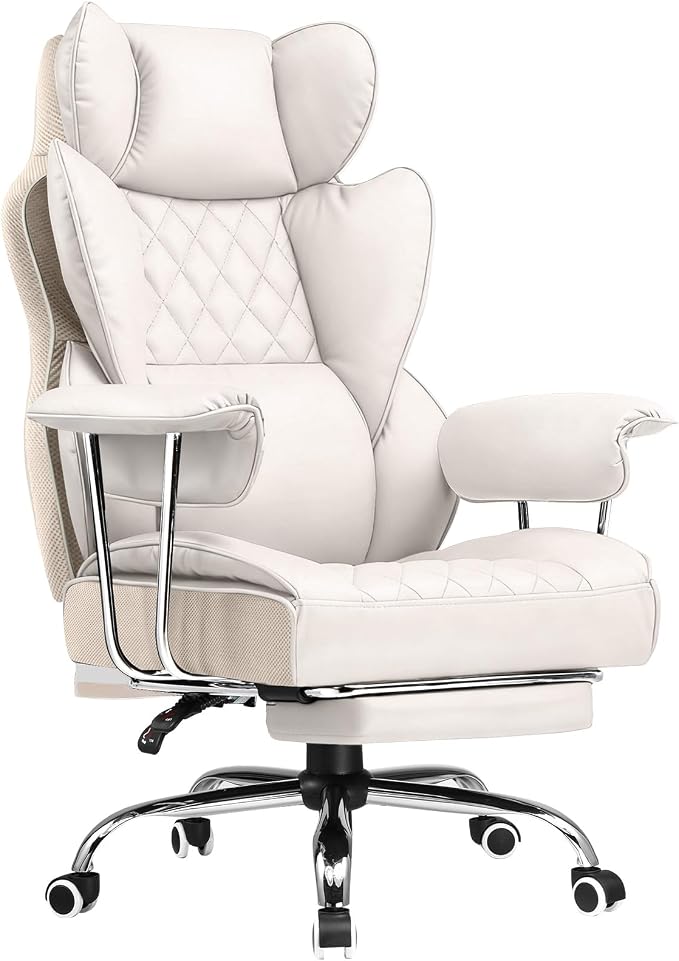 COMHOMA Big and Tall Office Chair, High Back Leather Gaming Chair with Footrest, Executive Ergonomic Office Chairs with Pocket Spring Lumbar Support and with Outward Fixed Soft Armrests by ComHoma