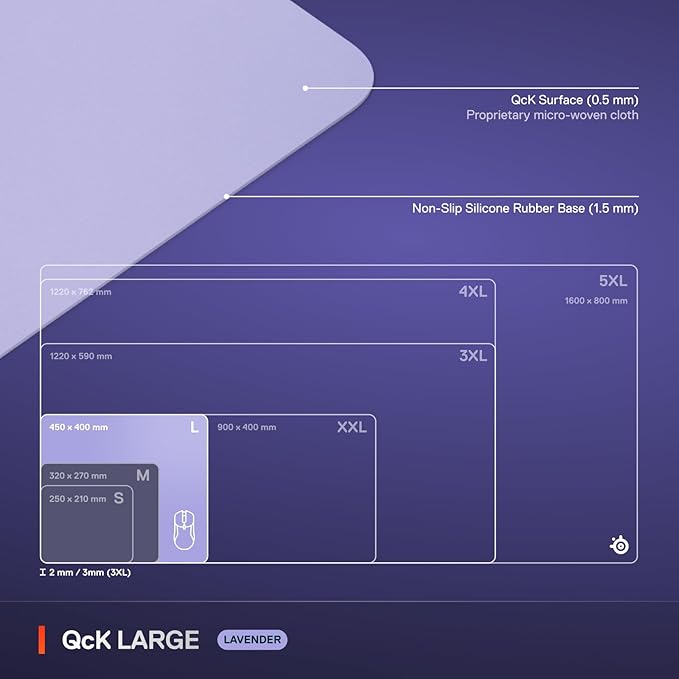 SteelSeries QcK Cloth Gaming Mouse Pad - Exclusive Micro-Woven Surface - Optimized for Gaming Sensors - Maximum Control - Size L - Lavender - Image 6