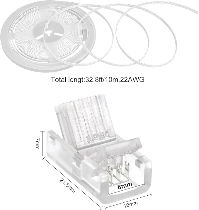 RGBZONE 10Pcs 8mm 4 Pin LED Strip Connectors and 32.8ft 4 Pin RGB Extension Cable Strip to Wire Quick Connection for Waterproof or Non-Waterproof 8mm Wide SMD RGB 5050 LED Strip Lights(IP20/IP65) - Image 2