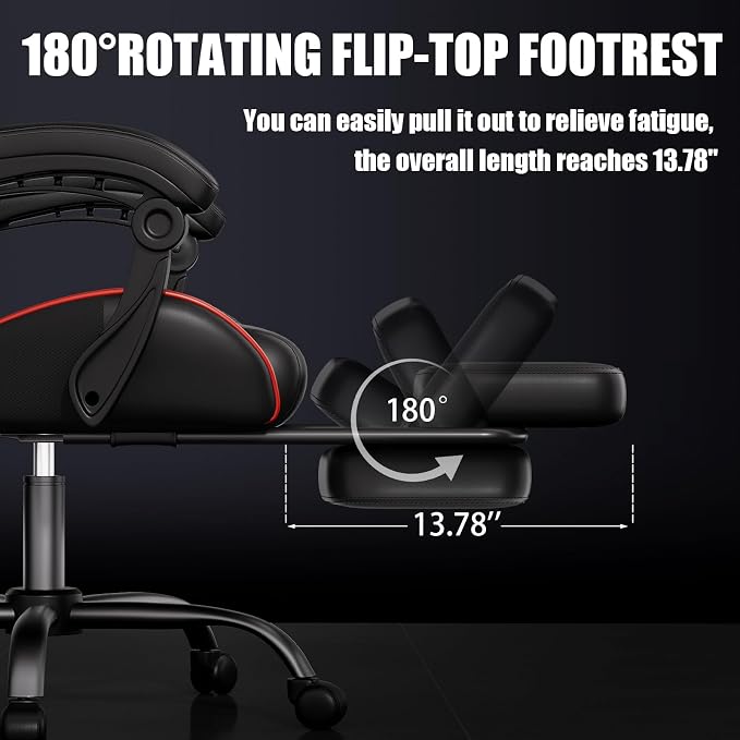 Czlolo Gaming Chair, Ergonomic Office Computer Chair with Footrest and Lumbar Support Massager High Back Video Gamer Chair, Wide＆Thick Cushion, 90°-135° Recline, Adjustable Height, Crimson - Image 8
