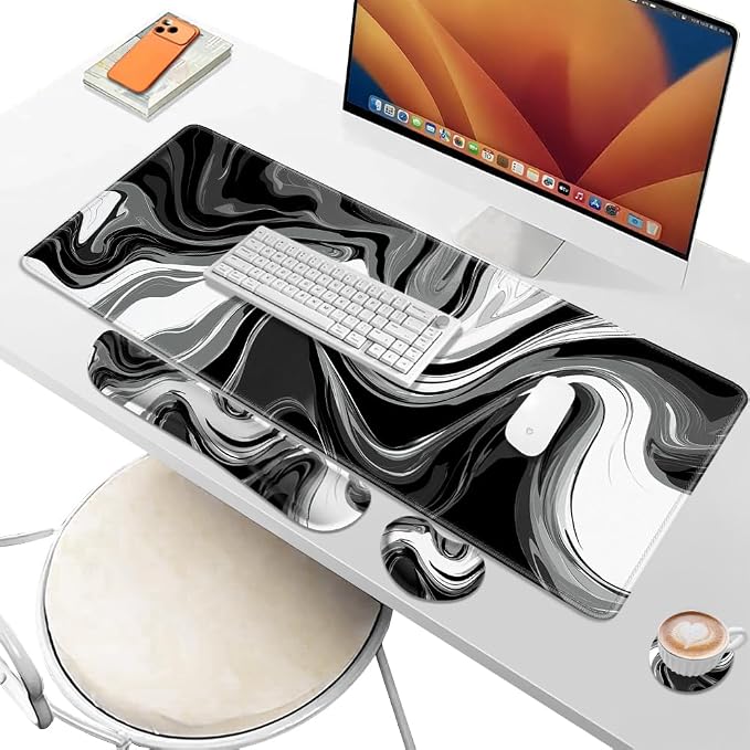 Desk Pad and Keyboard Wrist Rest, Large Mouse Pad + Keyboard Pad+Mouse Wrist Support, Non-Slip Desk Mat Protector for Office, Home 31.5×11.8 Inches Black & White Abstraction - Image 6