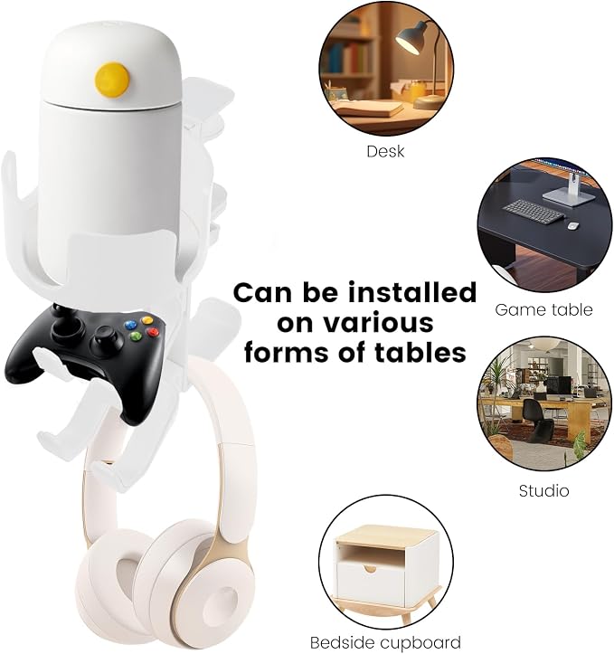 4 in 1 Desk Cup Holder with Headphone Hanger and Controller Stand Gaming Accessories, Under Desk Clamp Rotatable Headset Holder,Adjustable&Rotating Upgraded Arm Clamp,Desk Controller Holder (White) - Image 5