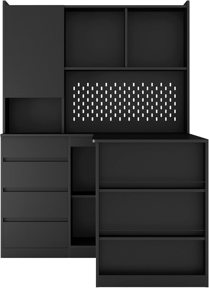 KEIKI L Shaped Home Office Desks with LED Light, Pegboard, Hutch, Drawers, Bookshelf & Storage Shelves, Modern Wooden Gaming Computer Corner Table for Work, Study, Writing - Image 6