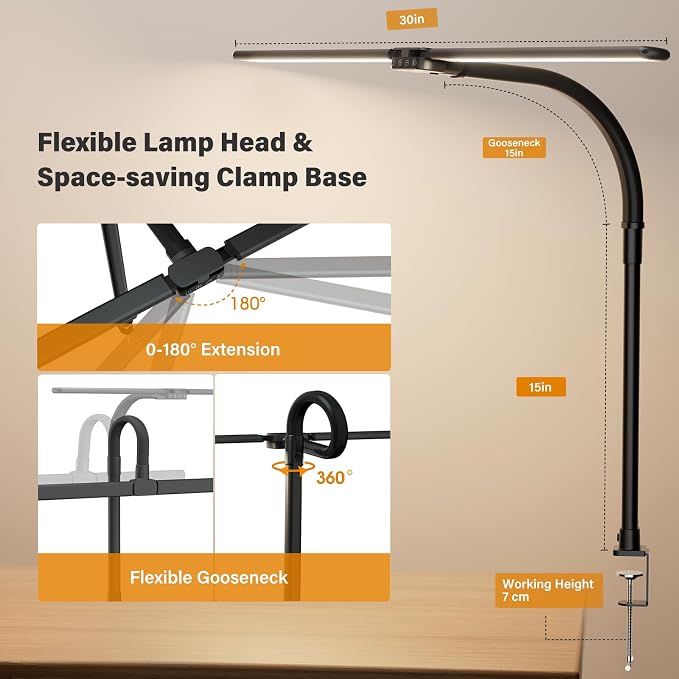 SIBRILLE LED Desk Lamp for Home Office - Dimmable Computer Desk Light with Clamp, Modern Architect Task Lamp with Color Changing, Flexible Desktop Lamp with Gooseneck for Monitor, Double Head, Black - Image 5