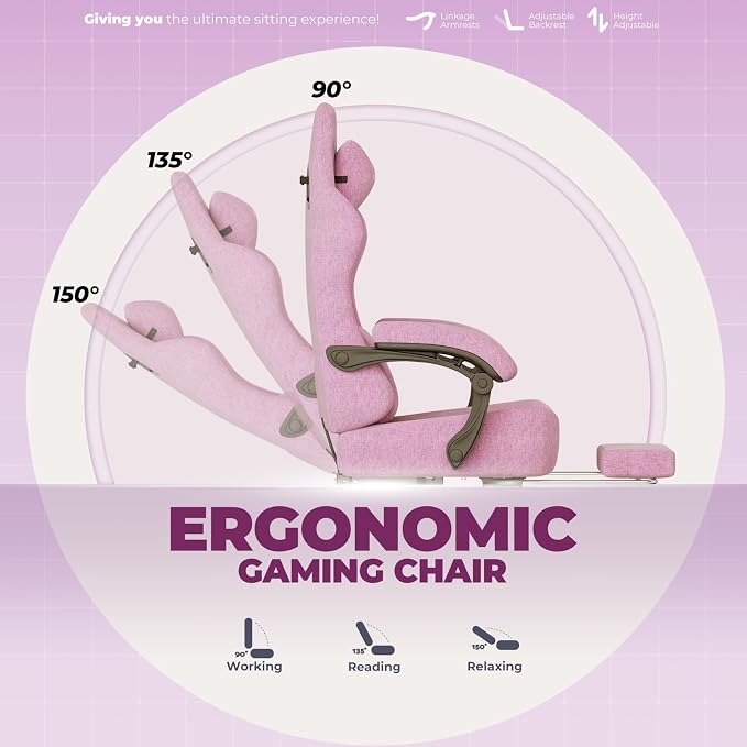 GTPLAYER Big and Tall Gaming Chair 400lbs Heavy Duty Office Chair with Foot Rest, High Back Pocket Spring Ergonomic Computer Chair for Adults, Wide Comfy Seated Cushion with Linkage Armrests, Pink - Image 7