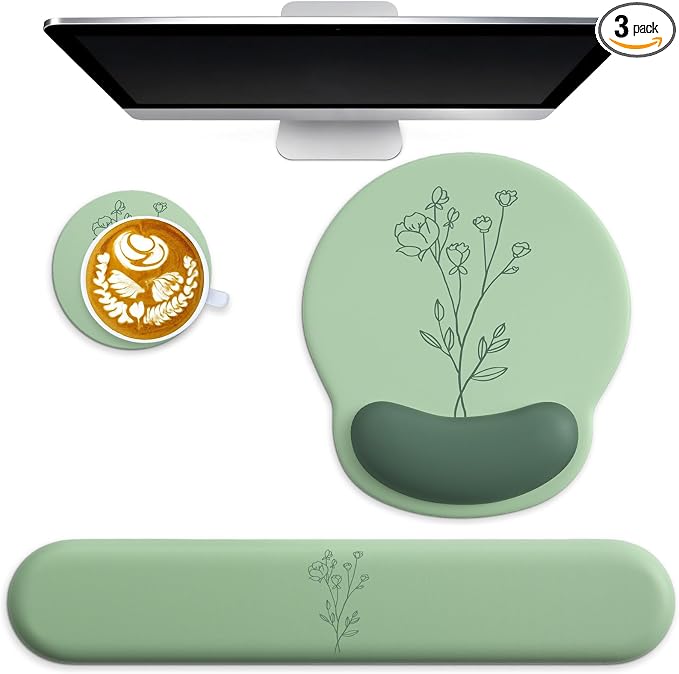 3 in 1 Ergonomic Mouse Pad and Keyboard Wrist Rest with Coaster Set-Green by Wiabsi