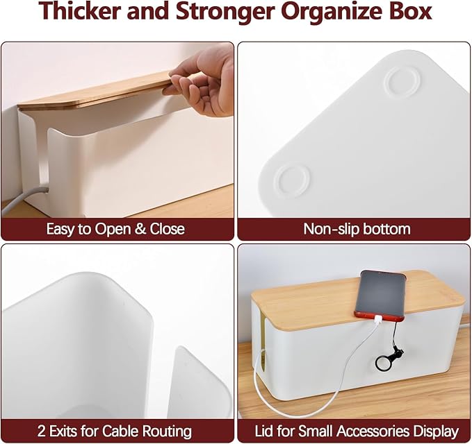 2-Pack Cord Organizer Box with Lids, White Cable Management Box Set, No-Drill Charger & Computer Wire Organizers for Desk, TV, Router, Computer, and Outlets in The Office, Study, Kitchen Areas - Image 4