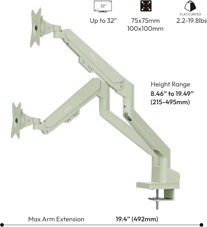 Pixio PS1D Wave Mint Green Dual Monitor Arm Stand Desk Mount - Fits up to 32 inches Monitors and up to 19.8lbs. VESA Compatibility and Integrated Cable Management - Image 4