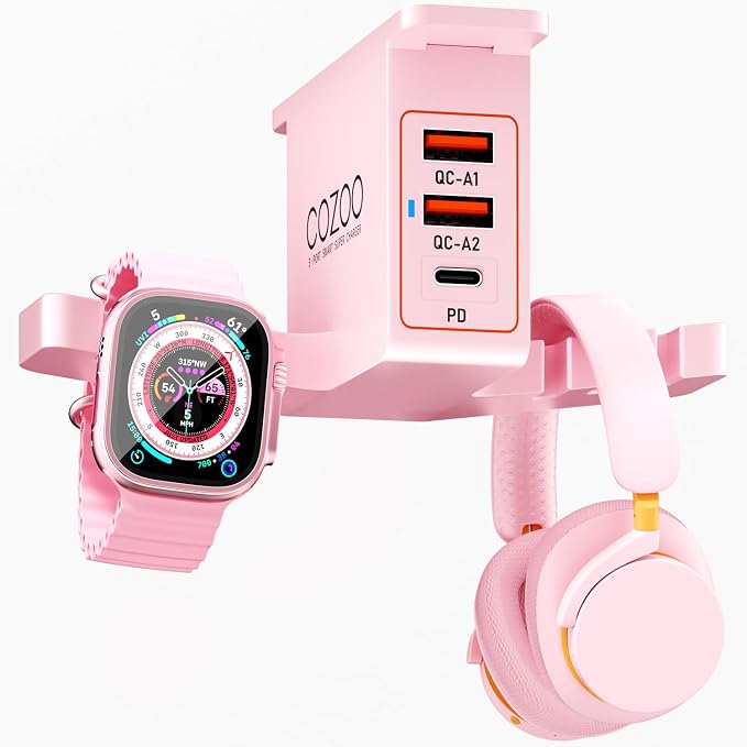 cozoo Desk Headphone Holder Hook Headset Watch Cable Bag Storage Pink | 2 USB-A & 1 Type-C Ports; Holds Headphones,Watches, Cables, Various Bags,Multifunctional Desk Storage Hook for Gaming Office by COZOO