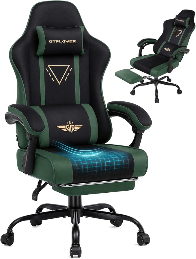 GTPLAYER Video Gaming Chair Fabric, Ergonomic Computer Chair with Footrest and Pocket Spring Cushion, Height Adjustable Video Gamer Chair with Lumbar Support for Adults, Green by GTPLAYER
