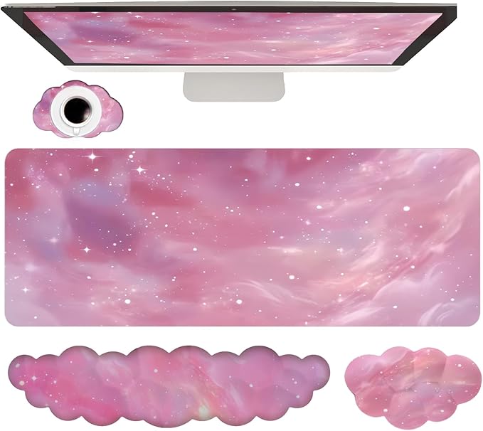 Cloud Mouse Pad Keyboard Wrist Rest 4PCS Galaxy Space Extended Large Desk Mat Pad Set Memory Foam Non-Slip Ergonomic Gaming Mouse Pad Wrist Support for Computer Laptop Home Office Cute Pink Stars by WFCYGL