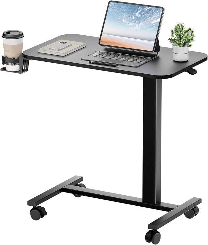 GTPLAYER Small Standing Desk with Lockable Wheels, Pneumatic Mobile Rolling Laptop Desk,Adjustable Height Overbed Bedside Table Computer Workstation for Home Office (28" W x 16" D, Black) by GTPLAYER