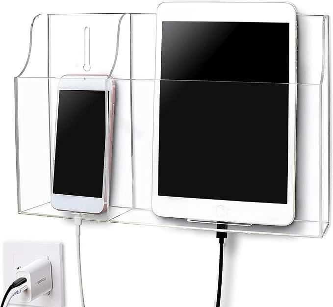 Clear Wall Tablet Holder Acrylic Wall Mounted Phone Holder for iPad, Remote Control Holder Laptop Stand for eReader Storage Caddy with Charging Holes for Kindle iPhone by Pansyling