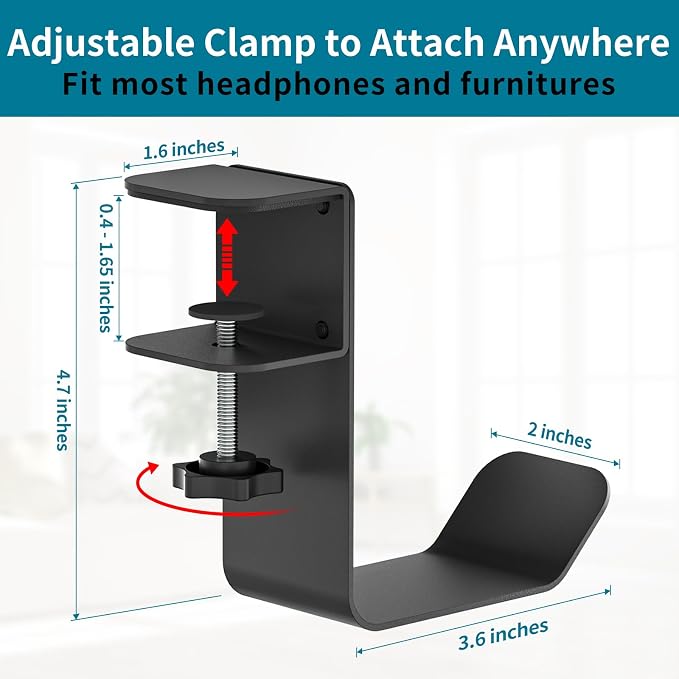 tiebutie Clamp-On Under Desk Headphone Holder/Backpack Hook/PC Gaming Headset Headphone Hanger Mount, Provides a Convenient Place to Hang Headsets or Bags - Image 6