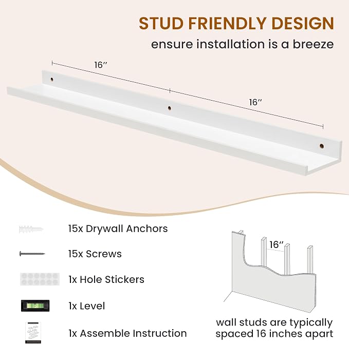 Picture Ledge Shelf, Floating Shelves for Wall Decor, White, Set of 6, 36'' - Image 5