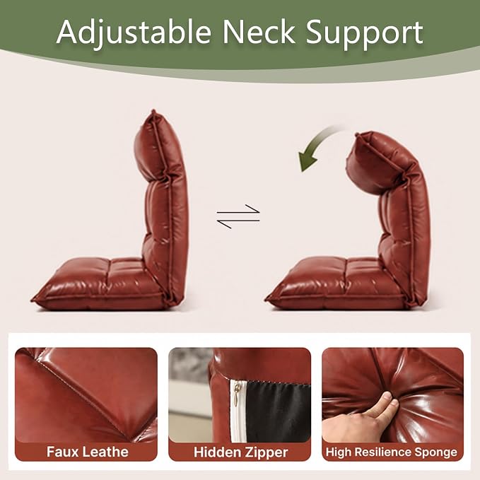 Floor Chair with Back Support, 42-Position Adjustable Gaming Chair for Adults, Faux Leather Floor Lounger, Reading Chairs with Neck Support, Foldable Floor Seat for Sleeping, Gaming (Wine Red) - Image 5