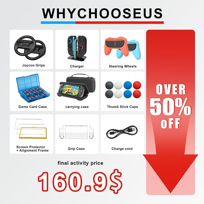 Accessories Bundle for Nintendo Switch 2, OUNFNOE 18-IN-1 Kits for Switch 2 Accessories, Carrying Case, Controller Charging Dock, Joy-Con Thumb Grips, Tempered Screen Protector, Steering Wheels for Mario Kart, Protective Console Cover - Image 2