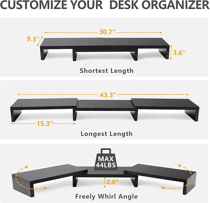 TAVR Dual Monitor Stand Riser Office Desktop Organizer Stand for 2 Monitors, Adjustable Length and Angle 3 Shelf, Extra Long Multifunctional Stand up to 48.2" fit Computer, Laptop, TV, Black - Image 3