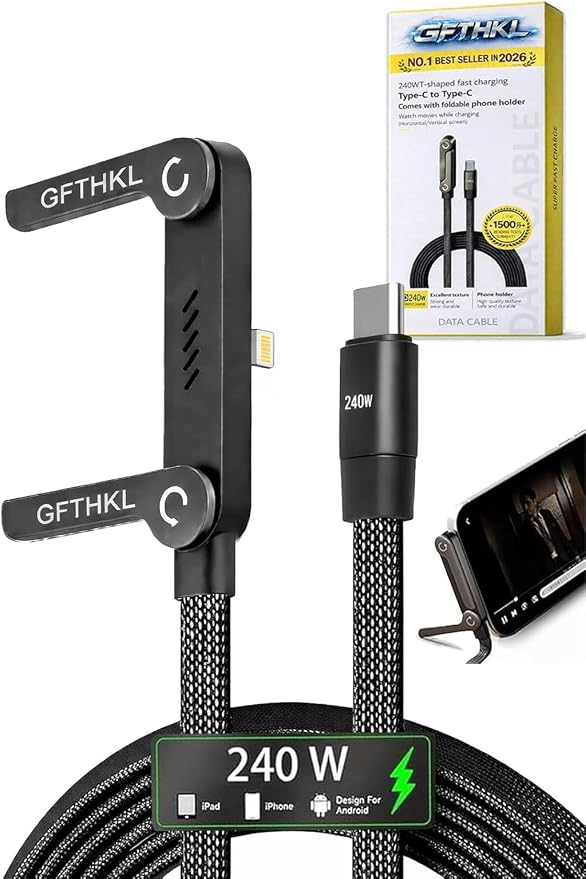 Invisible Holder Charger Cable, 240W Super Fast Charging with Stand, Built-in Phone Support Fast Charging Cord, Type C Braided Design for Gaming Office Travel (C to Lightning) by GFTHKL