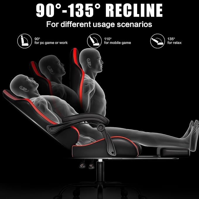 Czlolo Gaming Chair, Ergonomic Office Computer Chair with Footrest and Lumbar Support Massager High Back Video Gamer Chair, Wide＆Thick Cushion, 90°-135° Recline, Adjustable Height, Crimson - Image 7
