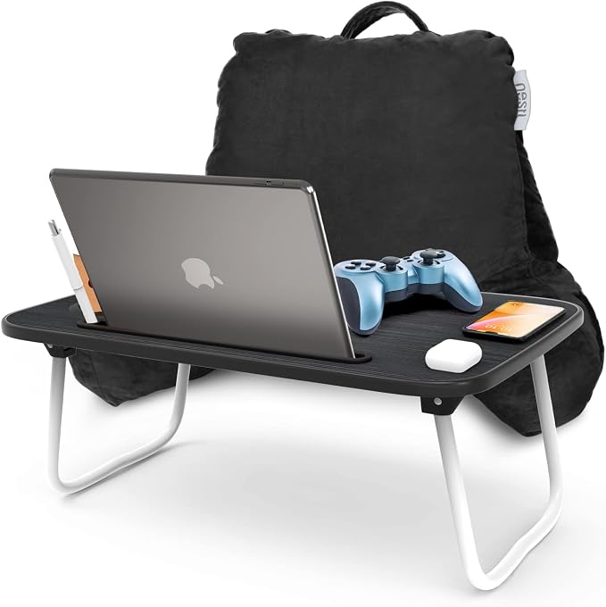Nestl Reading Pillow with Portable Laptop Lap Desk - Shredded Memory Foam Back Support Pillow for Sitting Up in Bed and Couch Rest Pillows with Arms, Bed Tray Table with Foldable Legs, Black by Nestl