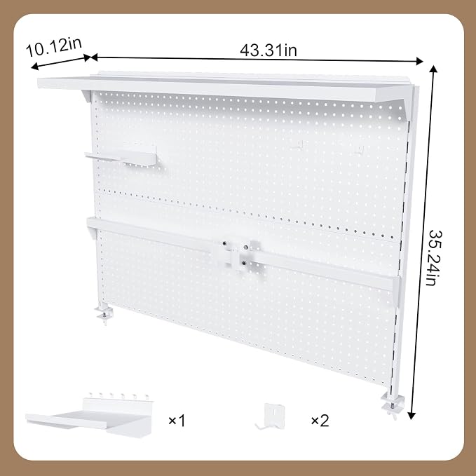 Majnesvon Clamp On Pegboard-Metal Office Pegboard Organizer with Monitor Stand, Peg Board Gaming for Desk with Hooks & Movable Partition, Office Storage Shelf for Workstation Setup (White 43x35 Inch) - Image 2